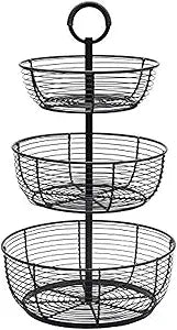 Basics by Mikasa Round Wrap 3-Tier Metal Floor Standing Fruit/Home Storage Basket, Easy Assembly, Antique Black